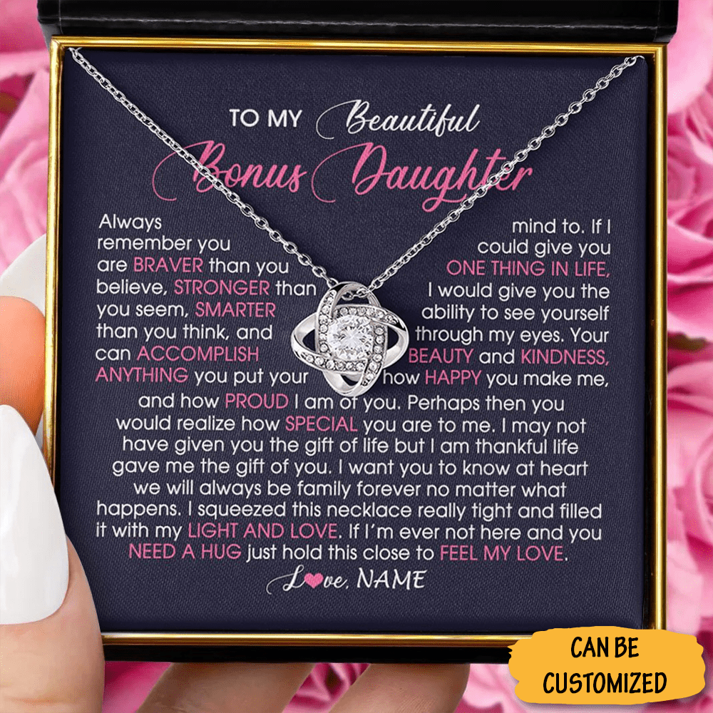 Custom To My Beautiful Bonus Daughter Necklace Love Knot Necklace Jewelry Bonus Daughter Christmas Gifts - KDadorn