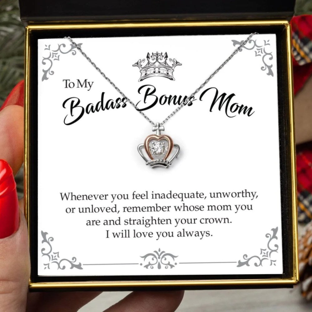 To My Badass Bonus Mom Crown Pendant Necklace First Mothers Day Jewelry Gifts - KDadorn