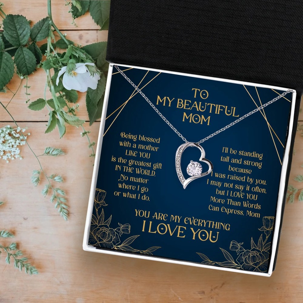 To My Mom Heart Necklace Silver Heart Shape Solitaire Crystal Necklace Mother's Day Gifts For Mom - KDadorn