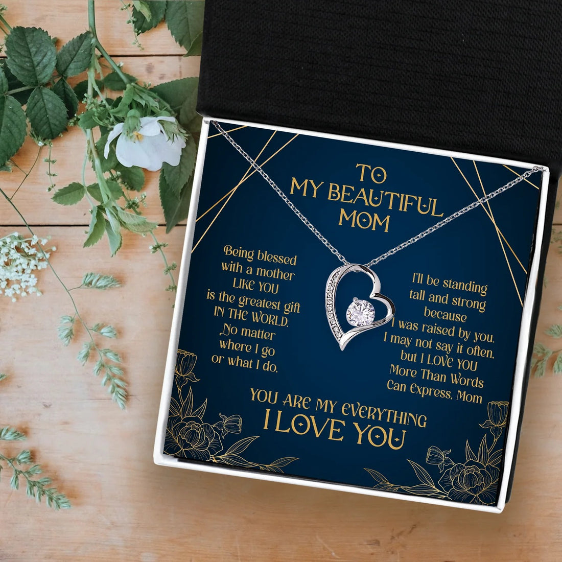 To My Mom Heart Necklace Silver Heart Shape Solitaire Crystal Necklace Mother's Day Gifts For Mom - KDadorn