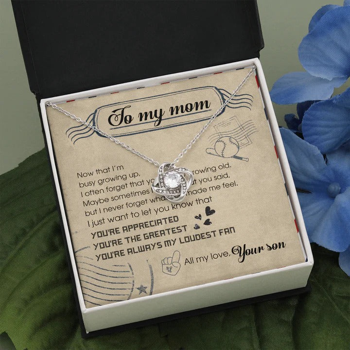 To My Baseball Mom Knot Necklace With Message Card From Son Mother's Day Necklace - KDadorn