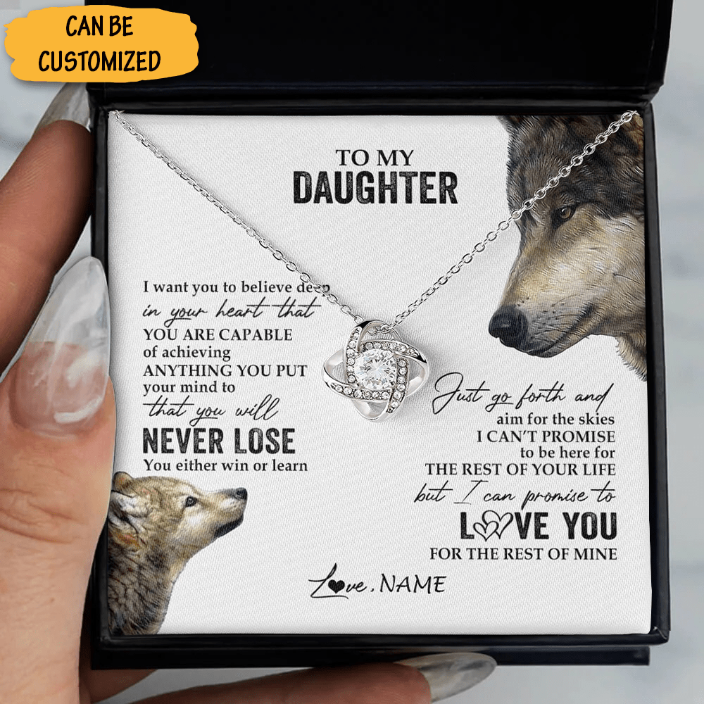 Personalized Wolf To Daughter Necklace Sterling Silver Love Knot Necklace Love Message Jewelry For Daughter - KDadorn