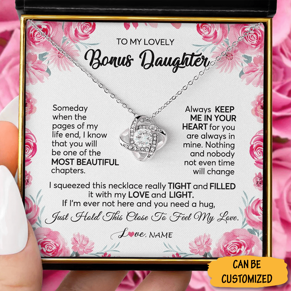 Personalized To My Lovely Bonus Daughter Necklace From Mom Dad Love Knot Pendant Necklace Jewelry Box - KDadorn