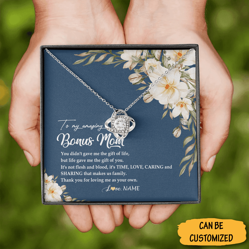 Personalized To My Amazing Bonus Mom Necklace Love Knot Silver Necklace Box The Perfect Gift Bonus Mom - KDadorn