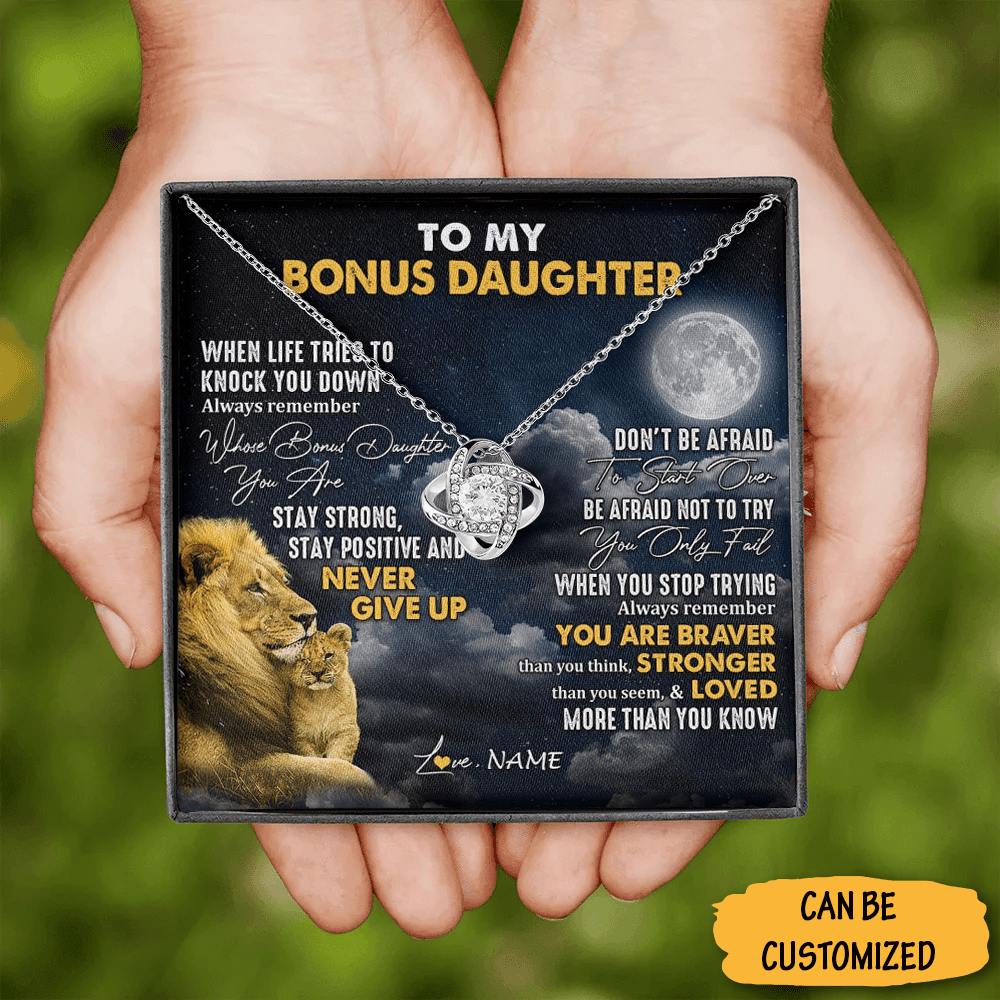 Custom To My Bonus Daughter Necklace Dad Lion Sterling Silver Love Knot Pendant Necklace Message Jewelry - KDadorn