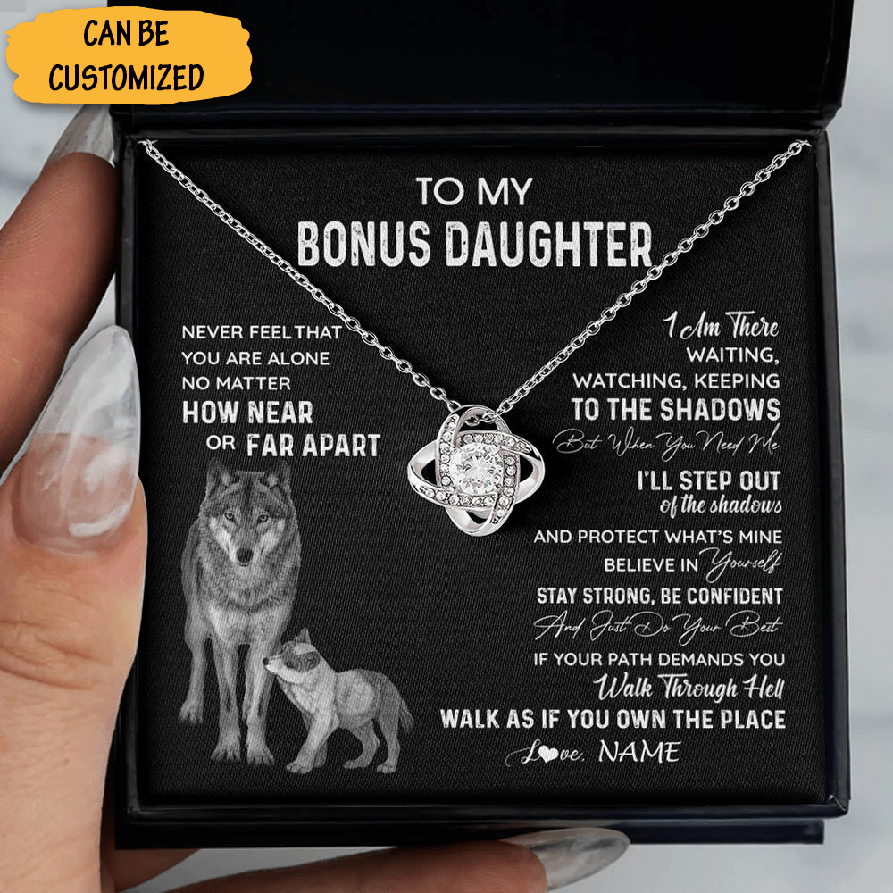 Custom Wolf Dad To My Bonus Daughter Necklace Love Knot Necklace Best Personalized Gifts For Bonus Daughter - KDadorn
