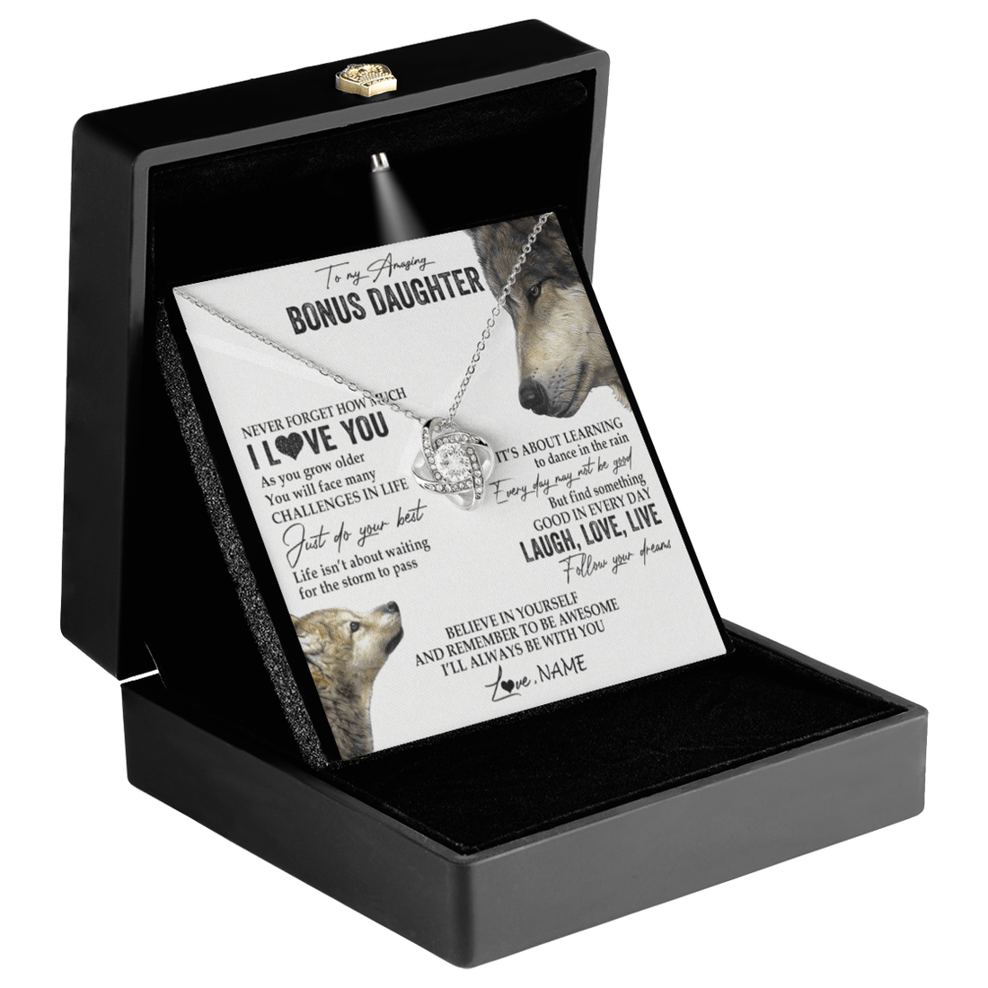 Personalized Wolf To My Bonus Daughter Necklace From Dad Silver Love Knot Pendant Necklace Message Jewelry - KDadorn