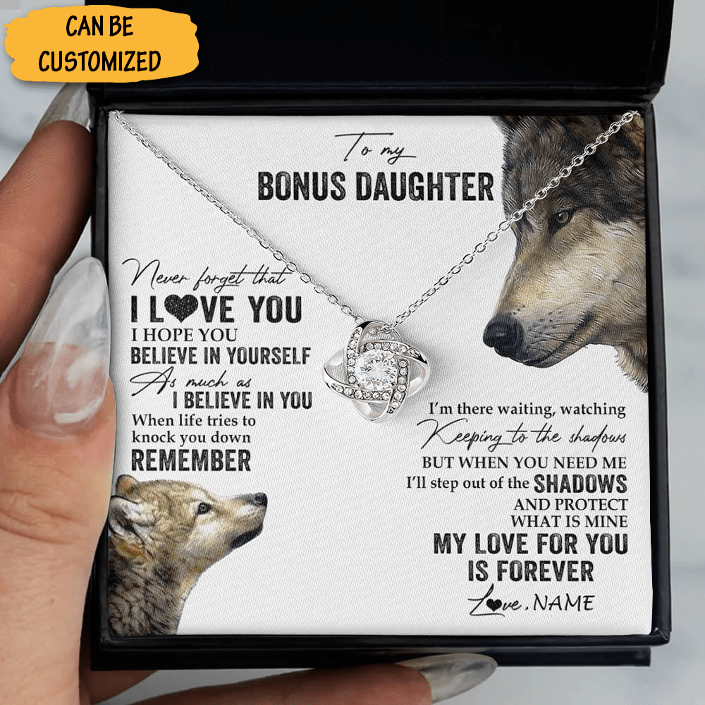 Custom Wolf To My Bonus Daughter Necklace From Dad Love Knot Necklace Jewelry Box Great Gift Ideas - KDadorn