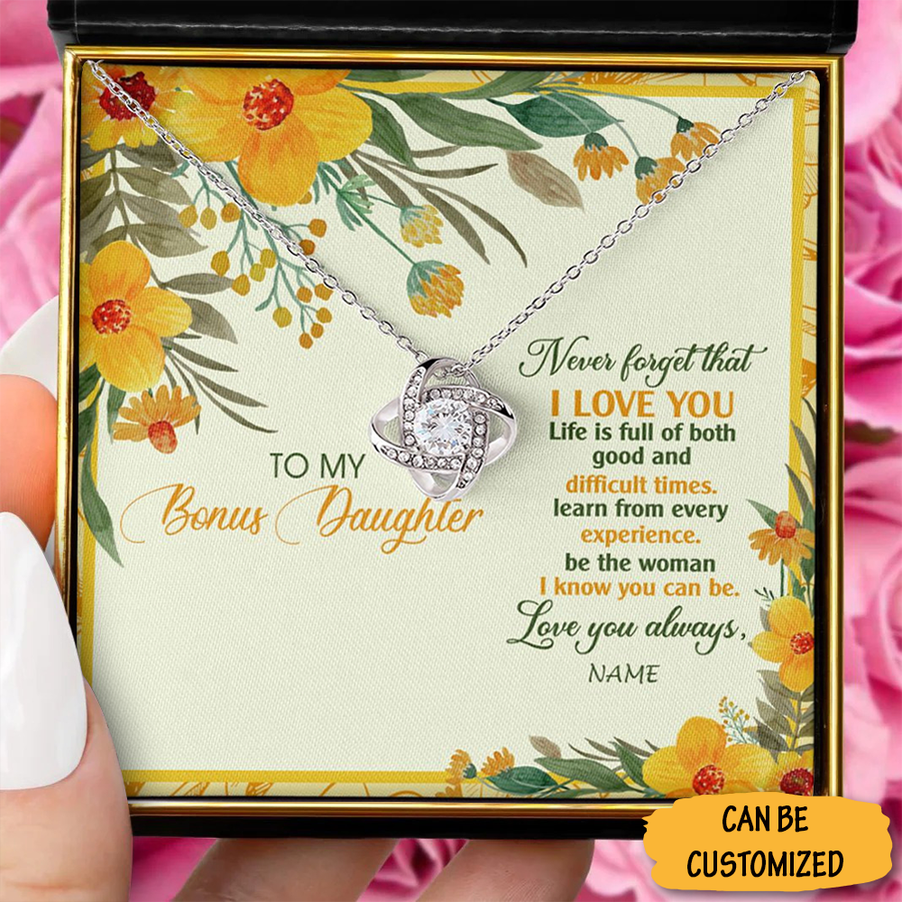 Custom To My Bonus Daughter Love Knot Necklace From Mom Dad Never Forget That I Love You Necklace Gift Box - KDadorn