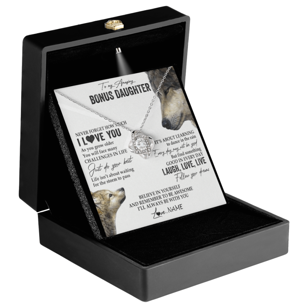 Personalized Wolf To My Bonus Daughter Necklace Sterling Silver Love Knot Pendant Necklace With Message Card - KDadorn