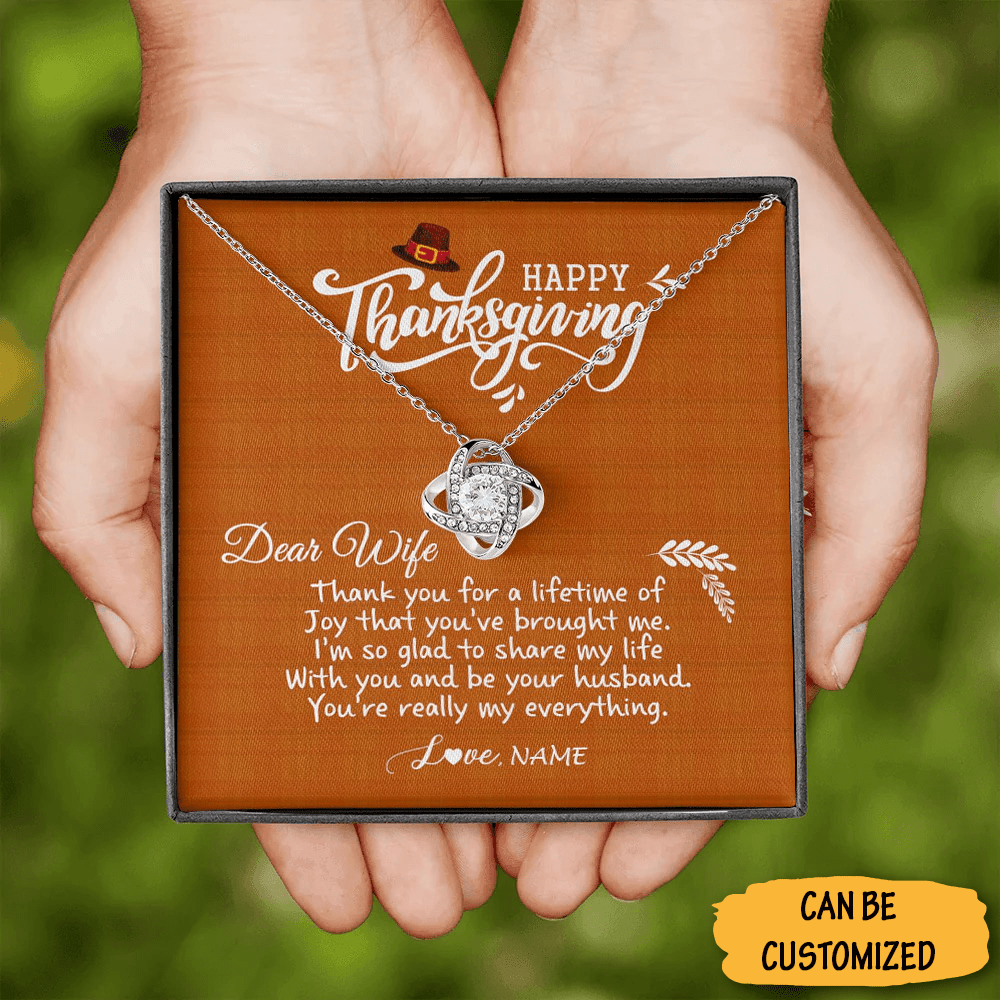 Custom Dear Wife Happy Thanksgiving Necklace Love Knot Pendant Silver Necklace Thanksgiving Gift For Wife - KDadorn