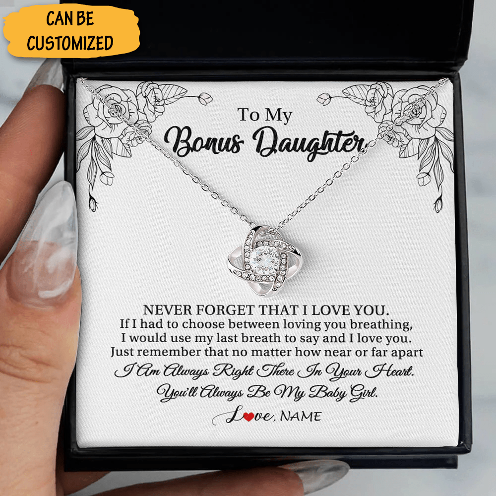 Personalized My Bonus Daughter Love Knot Necklace Never Forget That I Love You Necklace Jewelry Box Gift - KDadorn