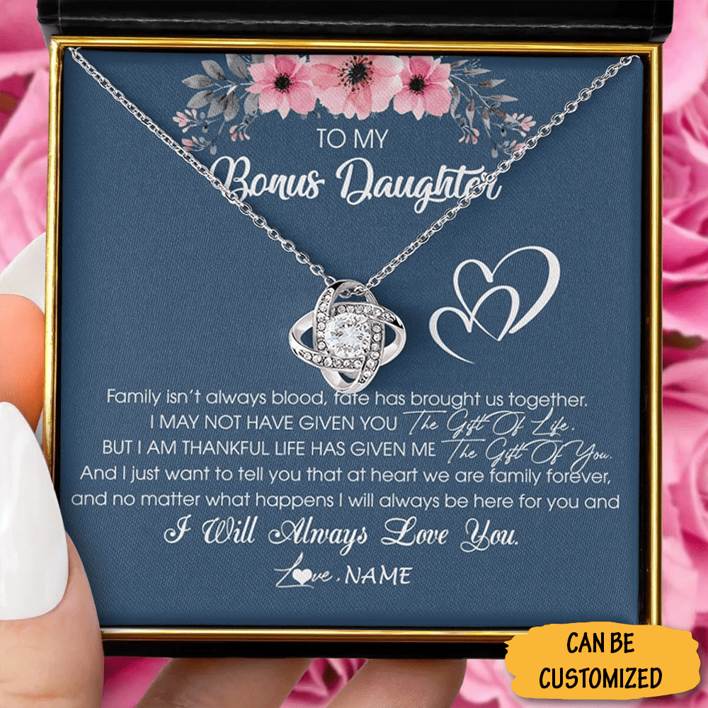 Custom To My Bonus Daughter Necklace Sterling Silver Love Knot Necklace With Meaningful Messages Card - KDadorn