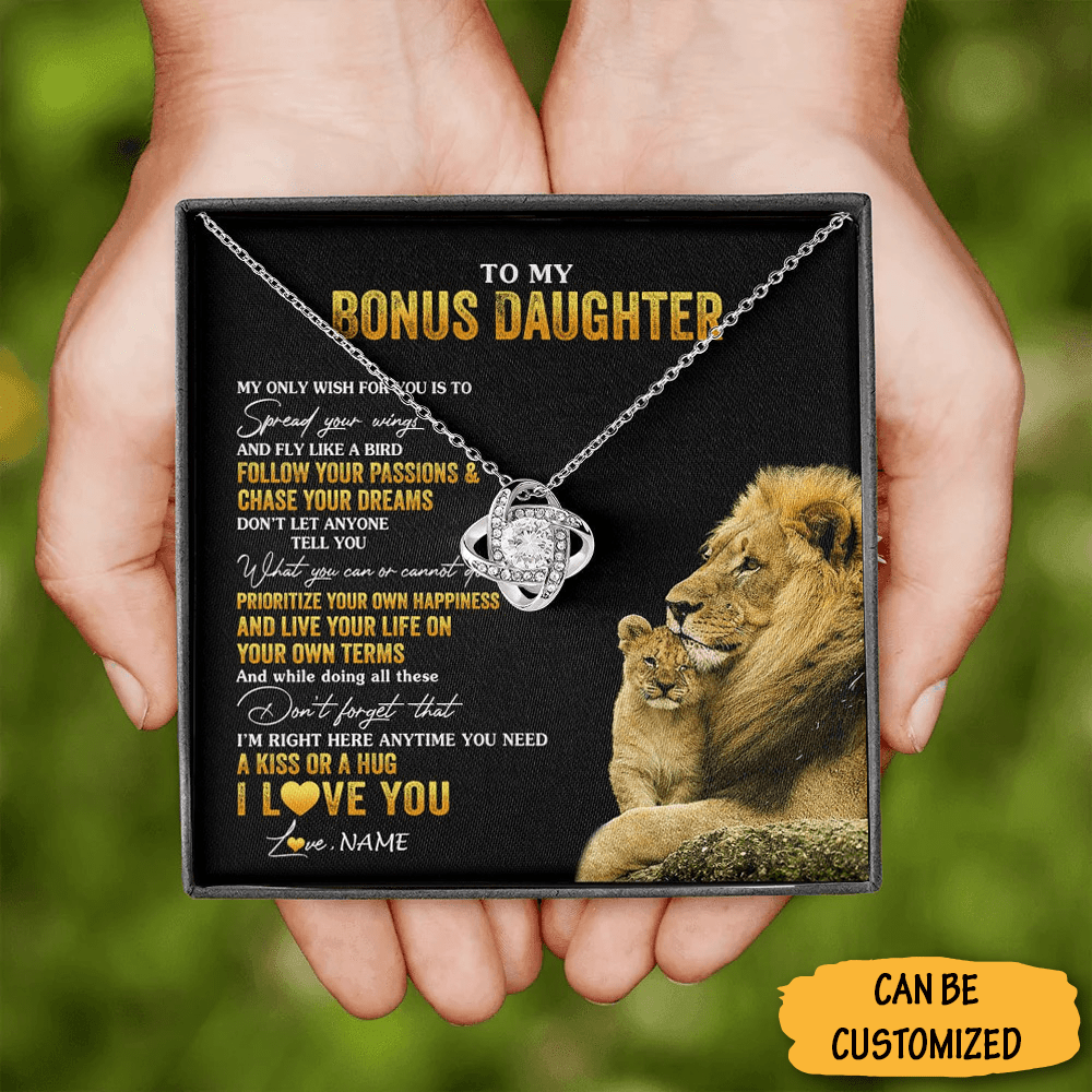 Custom To My Bonus Daughter I Love You Necklace Dad Lion Love Knot Necklace Jewelry Box Gift Christmas - KDadorn