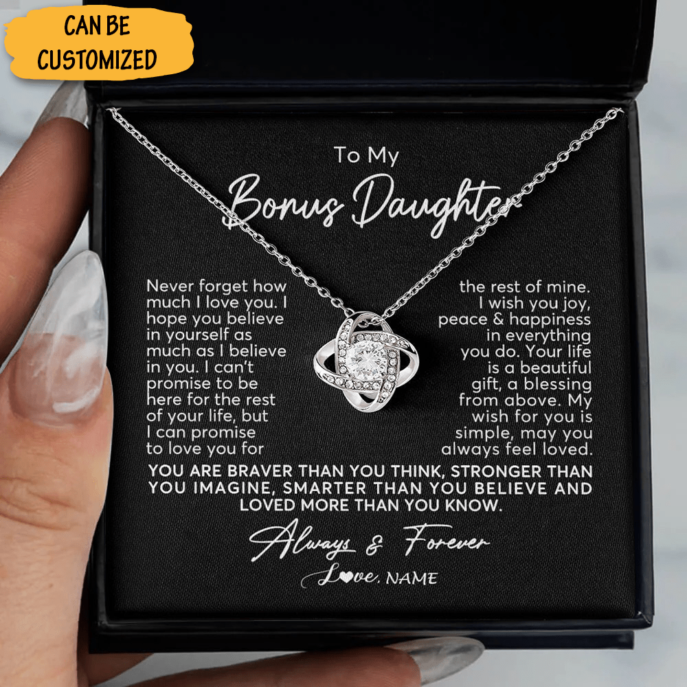 Custom To My Bonus Daughter Necklace Mom Dad Sterling Silver Love Knot Necklace With Message Card Gifts - KDadorn