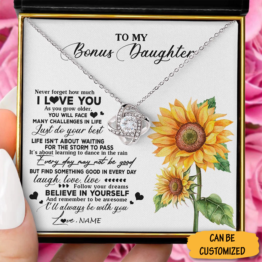 Custom To My Bonus Daughter Necklace Sterling Silver Love Knot Necklace Message Jewelry Box Gifts - KDadorn