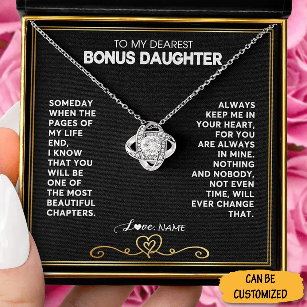 Custom To My Dearest Bonus Daughter Love Knot Necklace Personalised Necklace With Message Jewelry Box - KDadorn