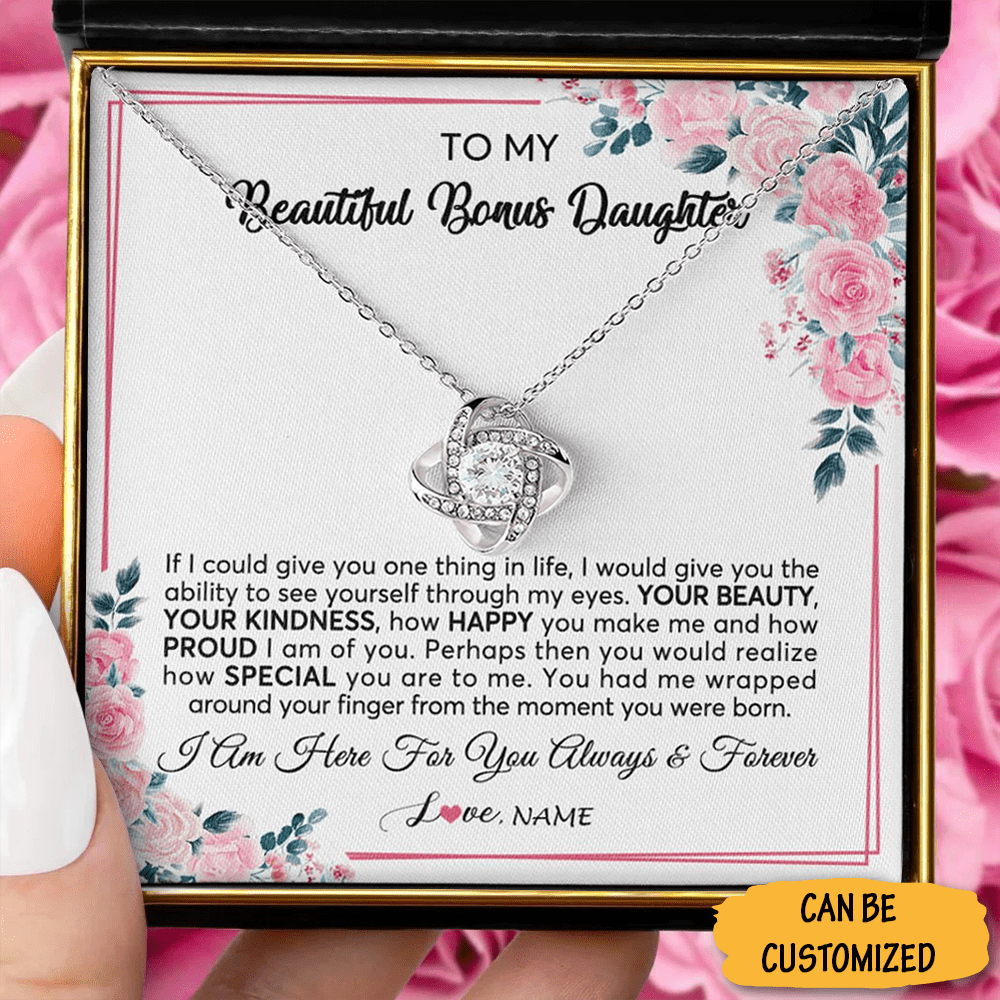 Personalized To My Beautiful Bonus Daughter Necklace Love Knot Necklace Message Jewelry Unique Gifts - KDadorn