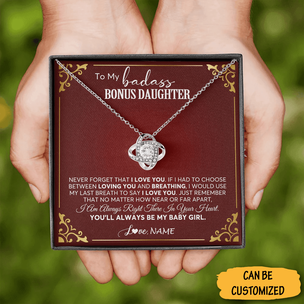 Custom To My Badass Bonus Daughter Necklace Love Knot Necklace Best Bonus Daughter Gifts From Step Mom - KDadorn