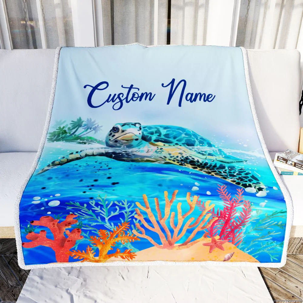 Personalized Turtle Custom Baby Name Blanket Boy Girl Sea Newborn Kids Son Daughter Granddaughter Niece Birthday Christmas Customized Bed Fleece Throw Blanket