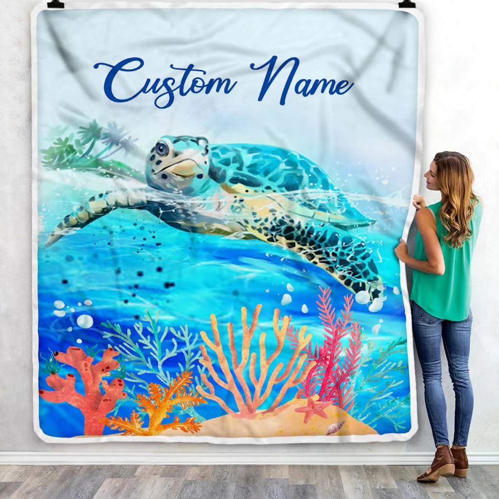 Personalized Turtle Custom Baby Name Blanket Boy Girl Sea Newborn Kids Son Daughter Granddaughter Niece Birthday Christmas Customized Bed Fleece Throw Blanket
