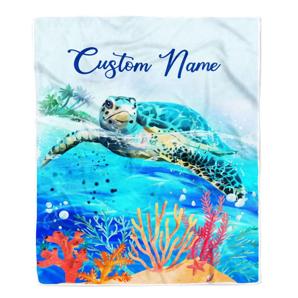 Personalized Turtle Custom Baby Name Blanket Boy Girl Sea Newborn Kids Son Daughter Granddaughter Niece Birthday Christmas Customized Bed Fleece Throw Blanket