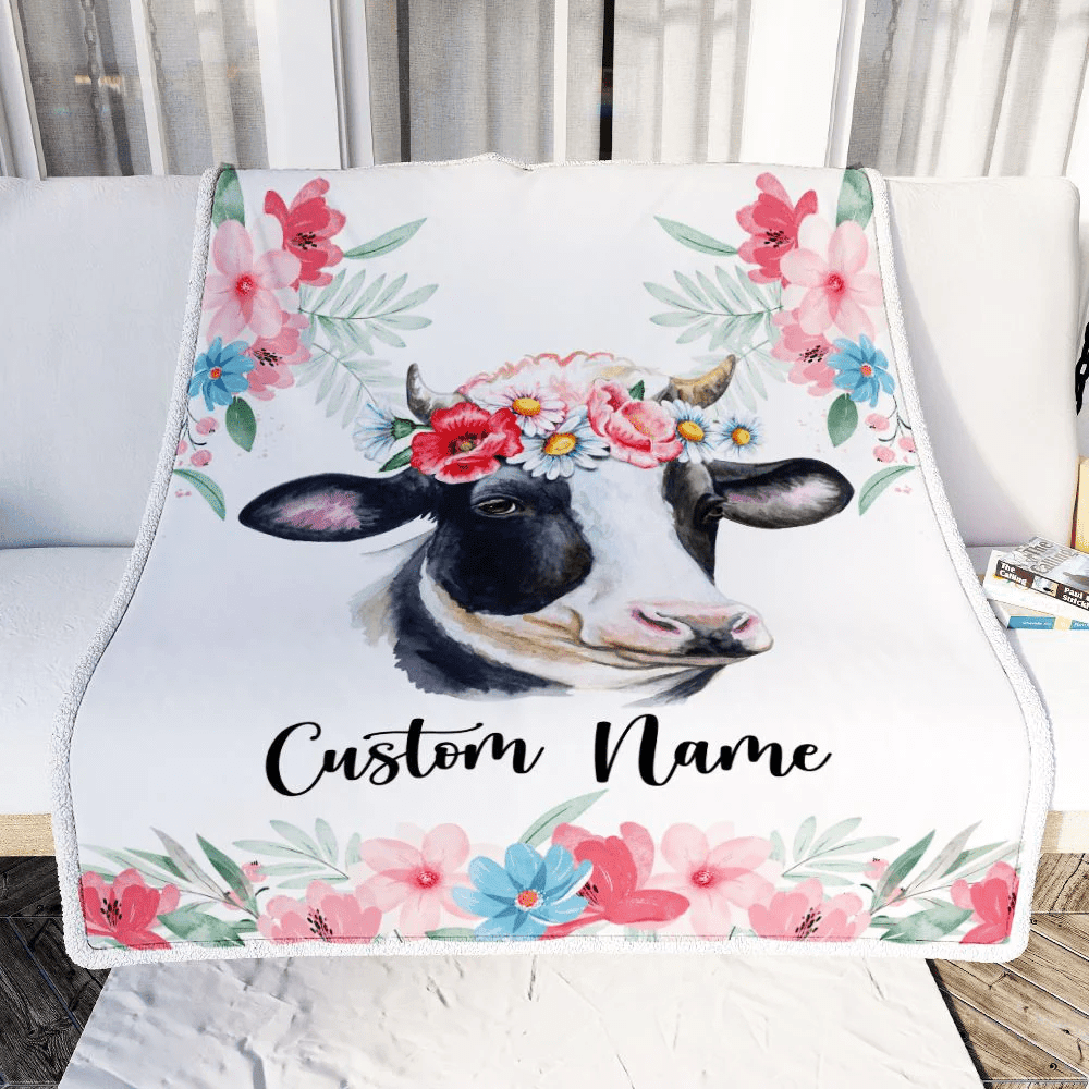 Personalized Baby Blanket Custom Name Newborn Cute Cow Girl Newborns Baby Daughter Niece Granddaughter Birthday Christmas Customized Bed Fleece Throw Blanket