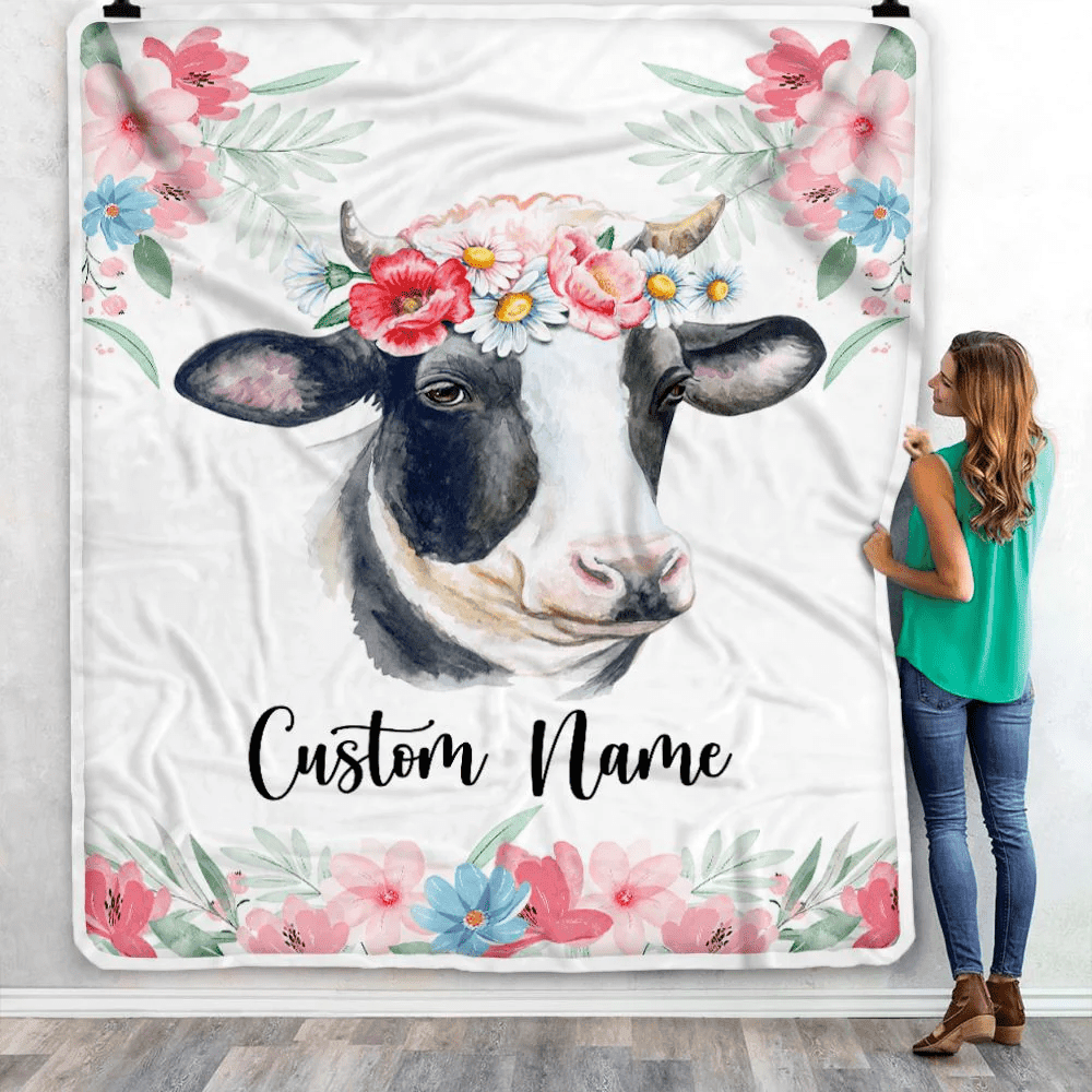 Personalized Baby Blanket Custom Name Newborn Cute Cow Girl Newborns Baby Daughter Niece Granddaughter Birthday Christmas Customized Bed Fleece Throw Blanket