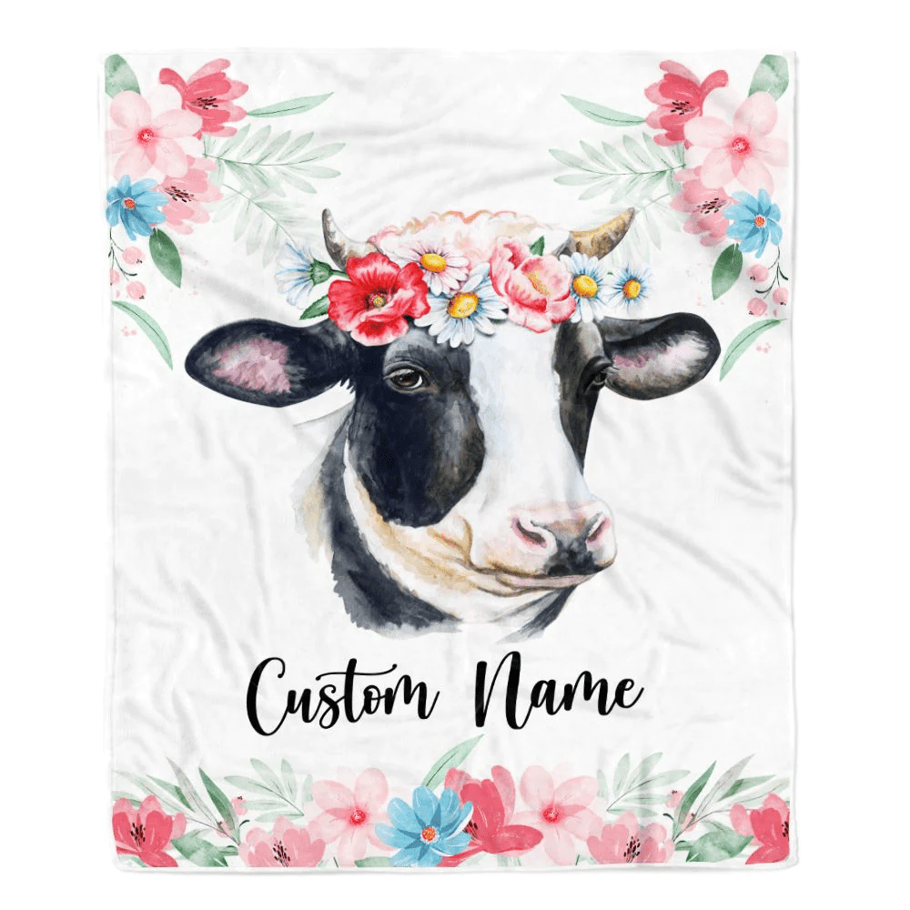 Personalized Baby Blanket Custom Name Newborn Cute Cow Girl Newborns Baby Daughter Niece Granddaughter Birthday Christmas Customized Bed Fleece Throw Blanket