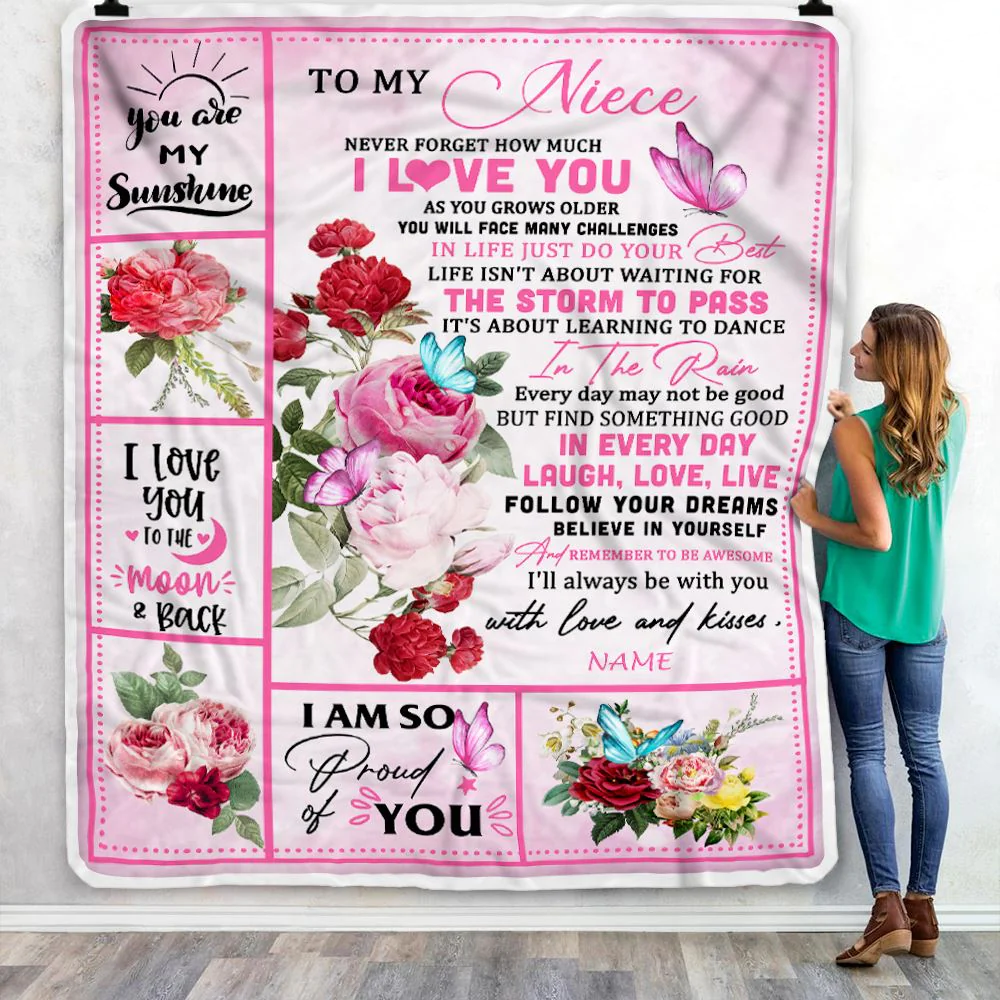 Personalized To My Niece Blanket From Aunt Auntie Uncle Never Forget I Love You Pink Butterfly Niece Birthday Christmas Customized Bed Fleece Throw Blanket