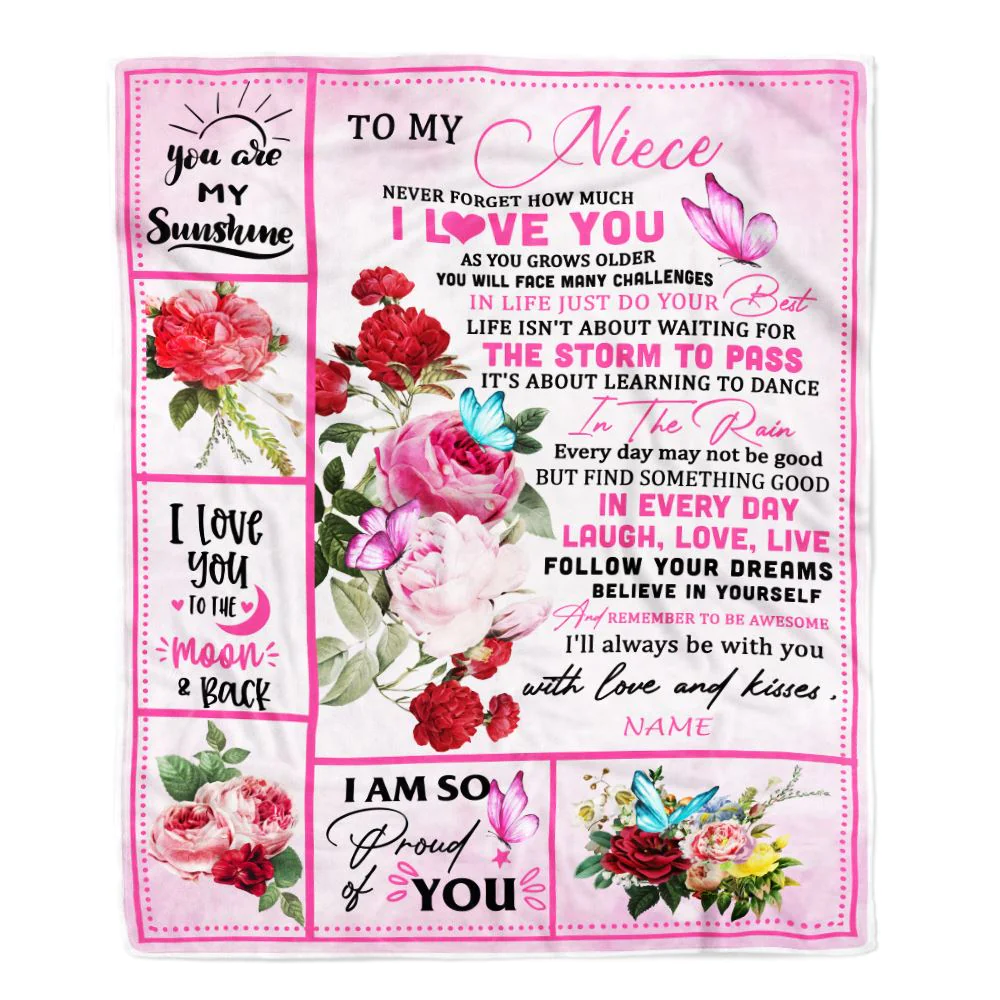 Personalized To My Niece Blanket From Aunt Auntie Uncle Never Forget I Love You Pink Butterfly Niece Birthday Christmas Customized Bed Fleece Throw Blanket