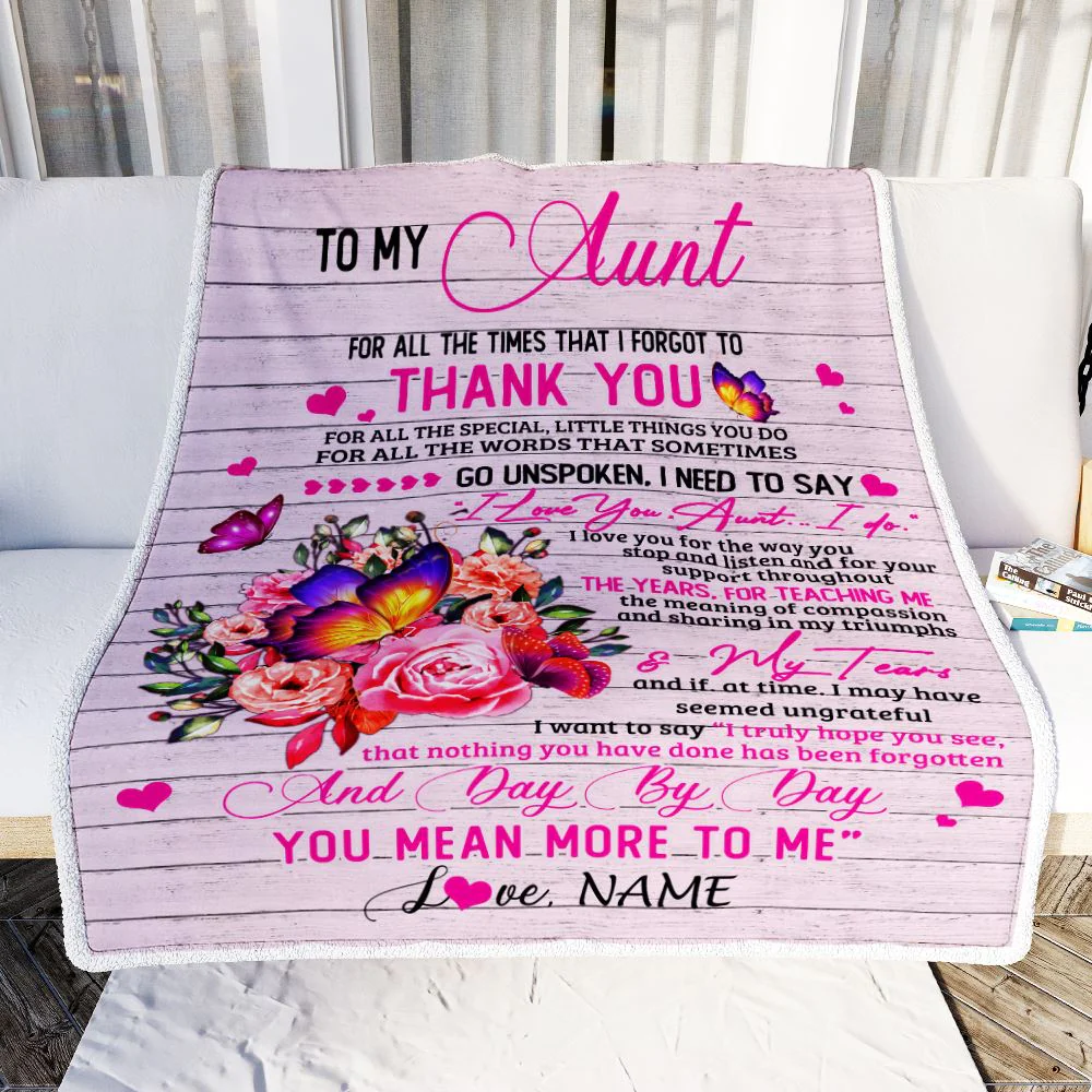 Personalized To My Aunt Blanket From Niece Nephew Wood Floral Butterfly Thank You I Love You Aunt Birthday Mothers Day Christmas Customized Bed Fleece Blanket
