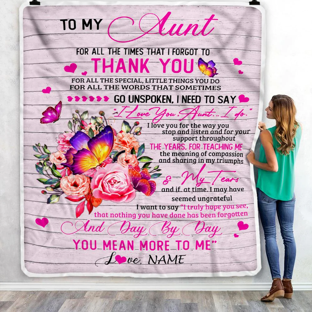 Personalized To My Aunt Blanket From Niece Nephew Wood Floral Butterfly Thank You I Love You Aunt Birthday Mothers Day Christmas Customized Bed Fleece Blanket