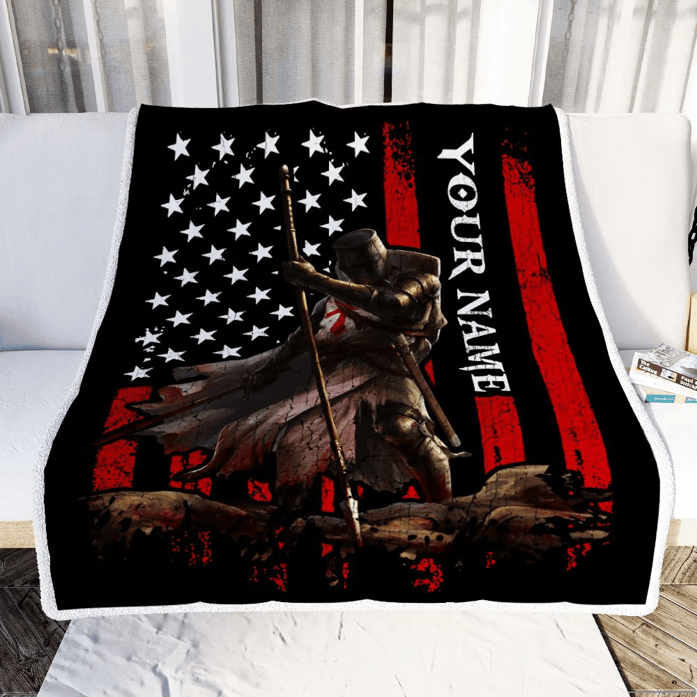 Personalized Knight Templar Blanket Custom Name Crusader Warrior American Flag For Men Husband Dad Son Birthday Christmas Customized Bed Fleece Throw Blanket