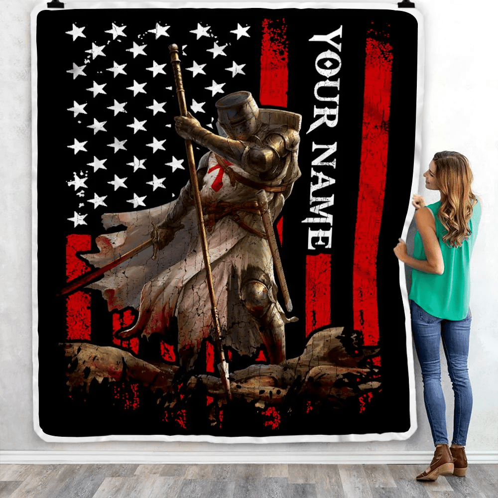 Personalized Knight Templar Blanket Custom Name Crusader Warrior American Flag For Men Husband Dad Son Birthday Christmas Customized Bed Fleece Throw Blanket