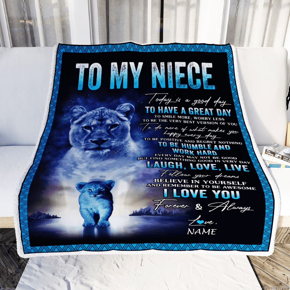 Personalized To My Niece Lion Blanket From Aunt Auntie Every Day Laugh Love Live Niece Birthday Graduation Christmas Customized Bed Fleece Throw Blanket