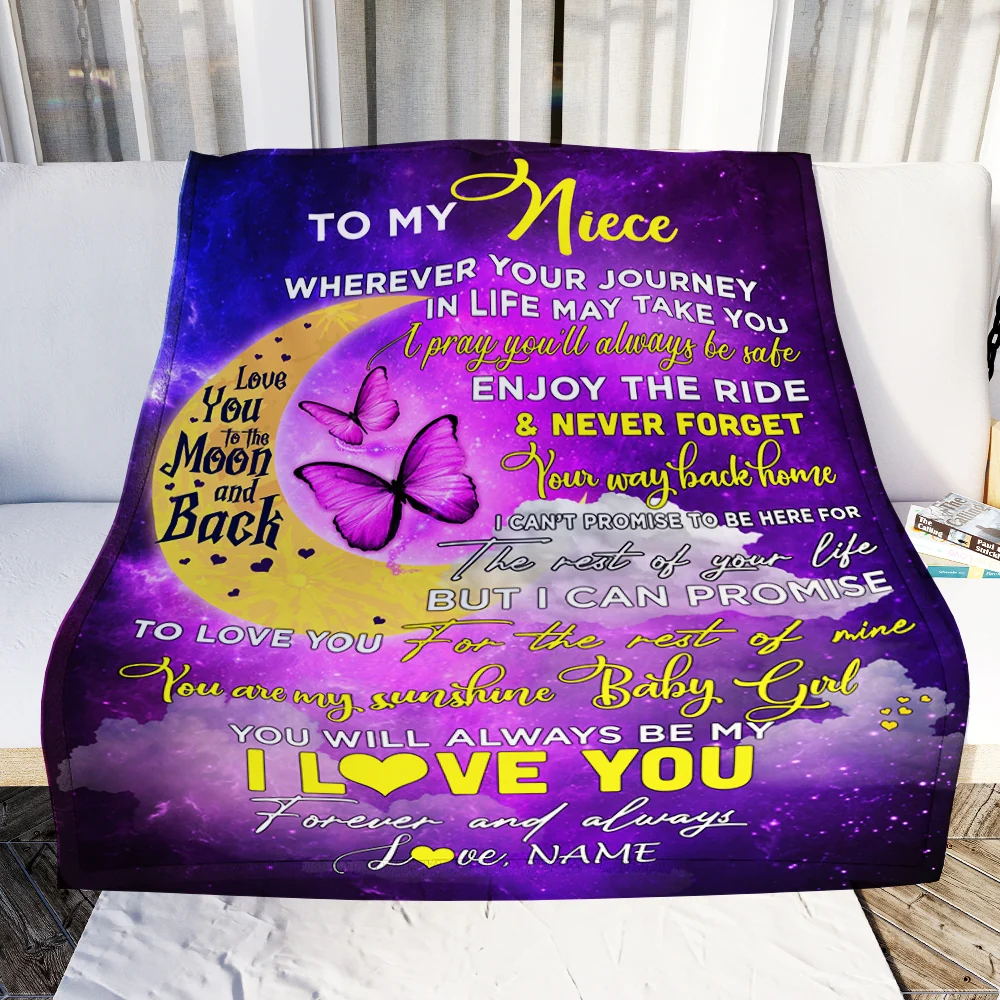 Personalized To My Niece Blanket From Aunt Auntie Uncle You To The Moon And Back Butterfly Niece Birthday Christmas Customized Fleece Blanket