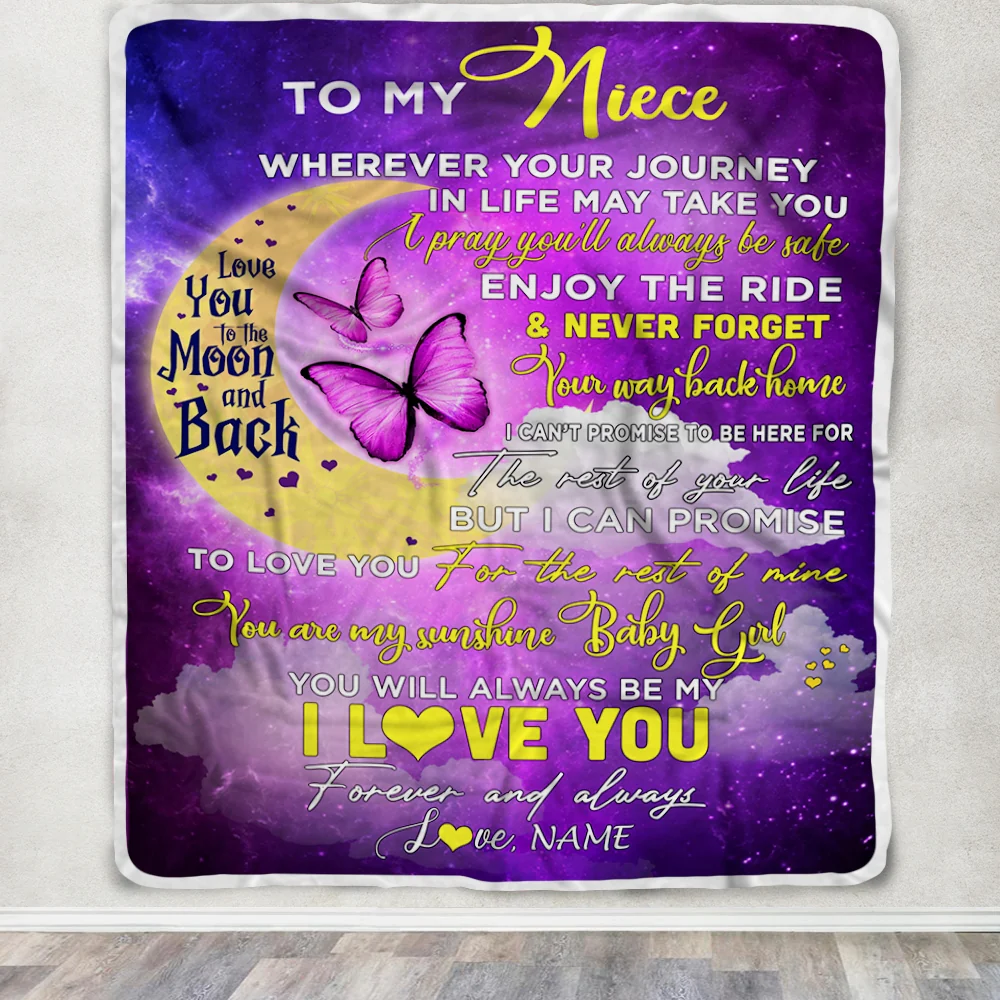 Personalized To My Niece Blanket From Aunt Auntie Uncle You To The Moon And Back Butterfly Niece Birthday Christmas Customized Fleece Blanket