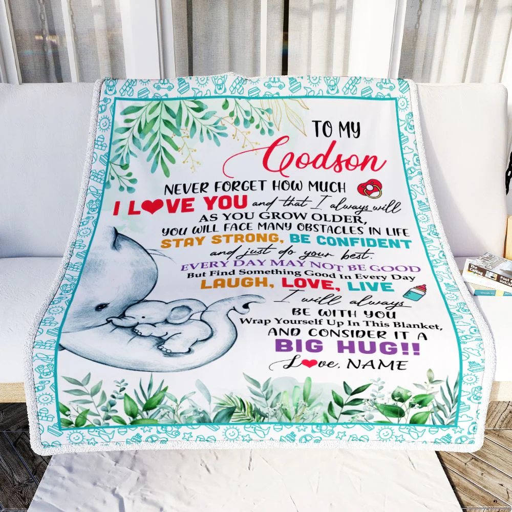 Personalized To My Godson Blanket From Godmother Aunt Never Forget I Love You Elephant Baby Boy Godson Birthday Christmas Customized Fleece Blanket