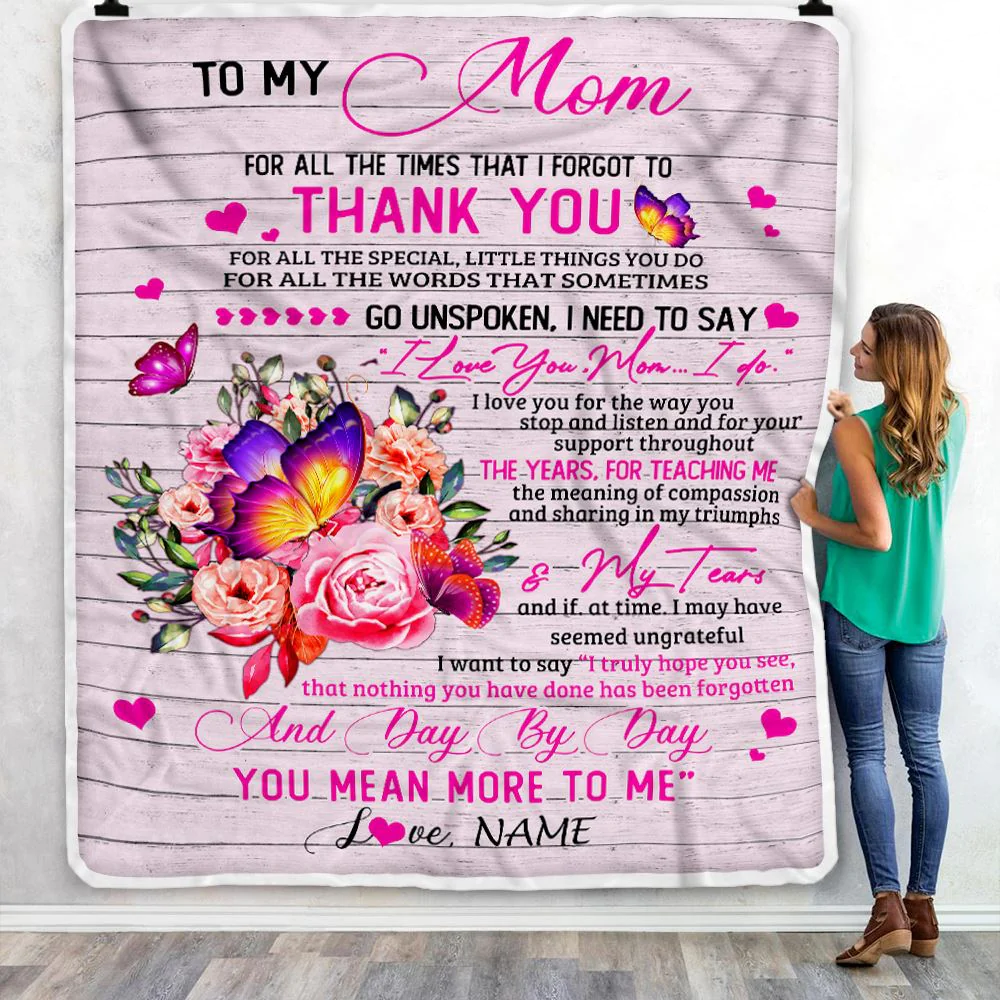 Personalized To My Mom Blanket From Daughter Son Wood Floral Butterfly Thank You I Love You Mom Birthday Mothers Day Christmas Customized Fleece Throw Blanket