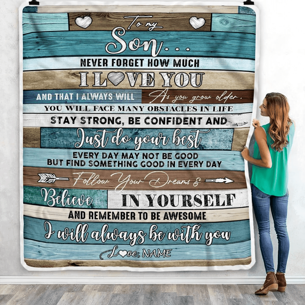 Personalized To My Son Blanket From Mom Dad Mother Father Wood Never Forget I Love You Son Birthday Graduation Christmas Customized Bed Fleece Throw Blanket