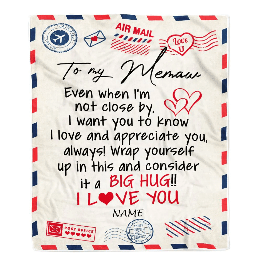 Personalized Memaw Blanket From Grandkids I Love You Hugs Air Mail Letter Memaw Birthday Valentine Christmas Wedding Anniversary Customized Fleece Blanket