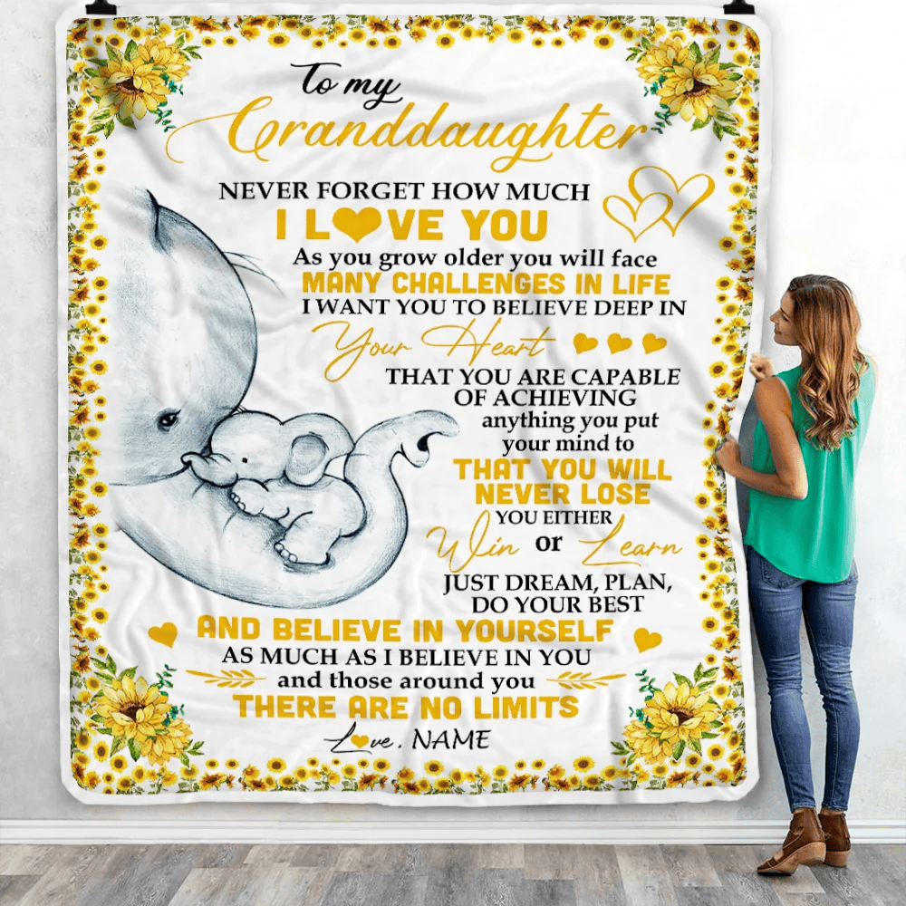 Personalized To My Granddaughter I Love You From Grandma Grandpa Nana Sunflower Elephant Birthday Christmas Thanksgiving Graduation Customized Fleece Blanket