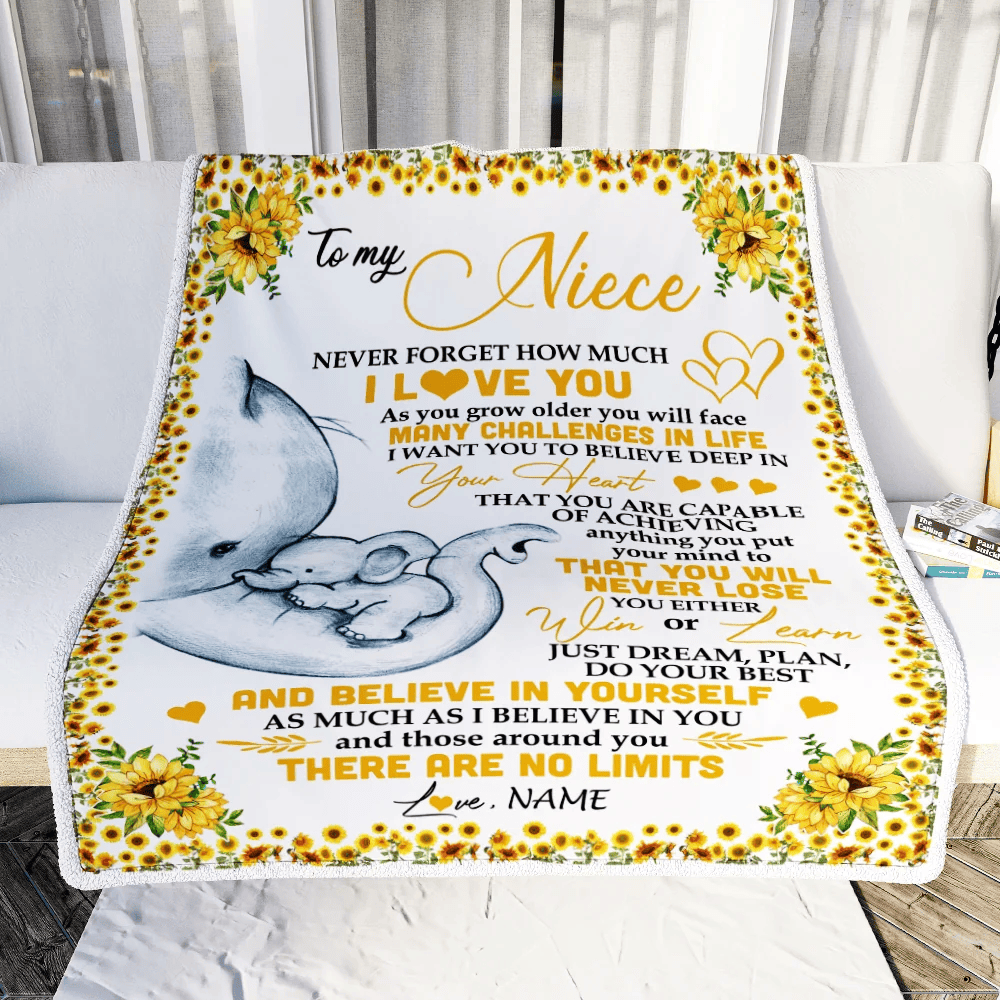 Personalized To My Niece I Love You From Aunt Auntie Uncle Sunflower Elephant Niece Birthday Christmas Thanksgiving Graduation Customized Fleece Blanket