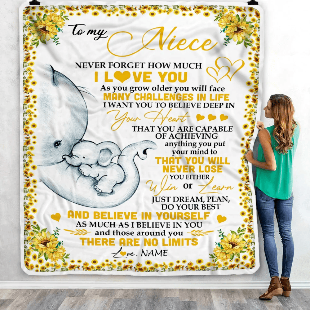 Personalized To My Niece I Love You From Aunt Auntie Uncle Sunflower Elephant Niece Birthday Christmas Thanksgiving Graduation Customized Fleece Blanket