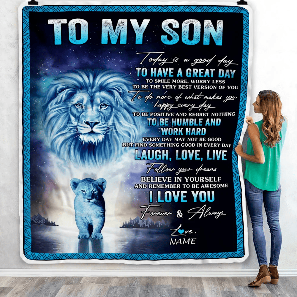 Personalized To My Son Lion Blanket From Dad Father Every Day Laugh Love Live Son Birthday Graduation Christmas Customized Fleece Throw Blanket