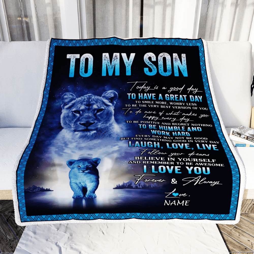 Personalized To My Son Lion Blanket From Mom Mother Every Day Laugh Love Live Son Birthday Graduation Christmas Customized Bed Fleece Throw Blanket