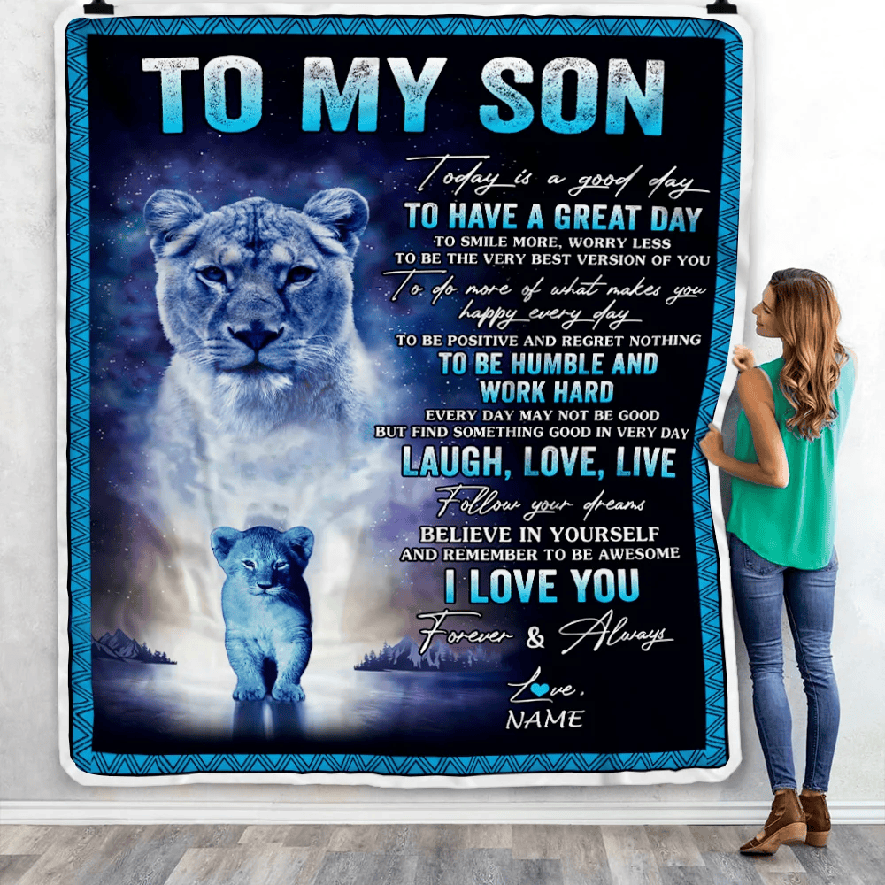 Personalized To My Son Lion Blanket From Mom Mother Every Day Laugh Love Live Son Birthday Graduation Christmas Customized Bed Fleece Throw Blanket