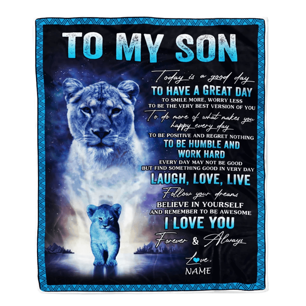 Personalized To My Son Lion Blanket From Mom Mother Every Day Laugh Love Live Son Birthday Graduation Christmas Customized Bed Fleece Throw Blanket