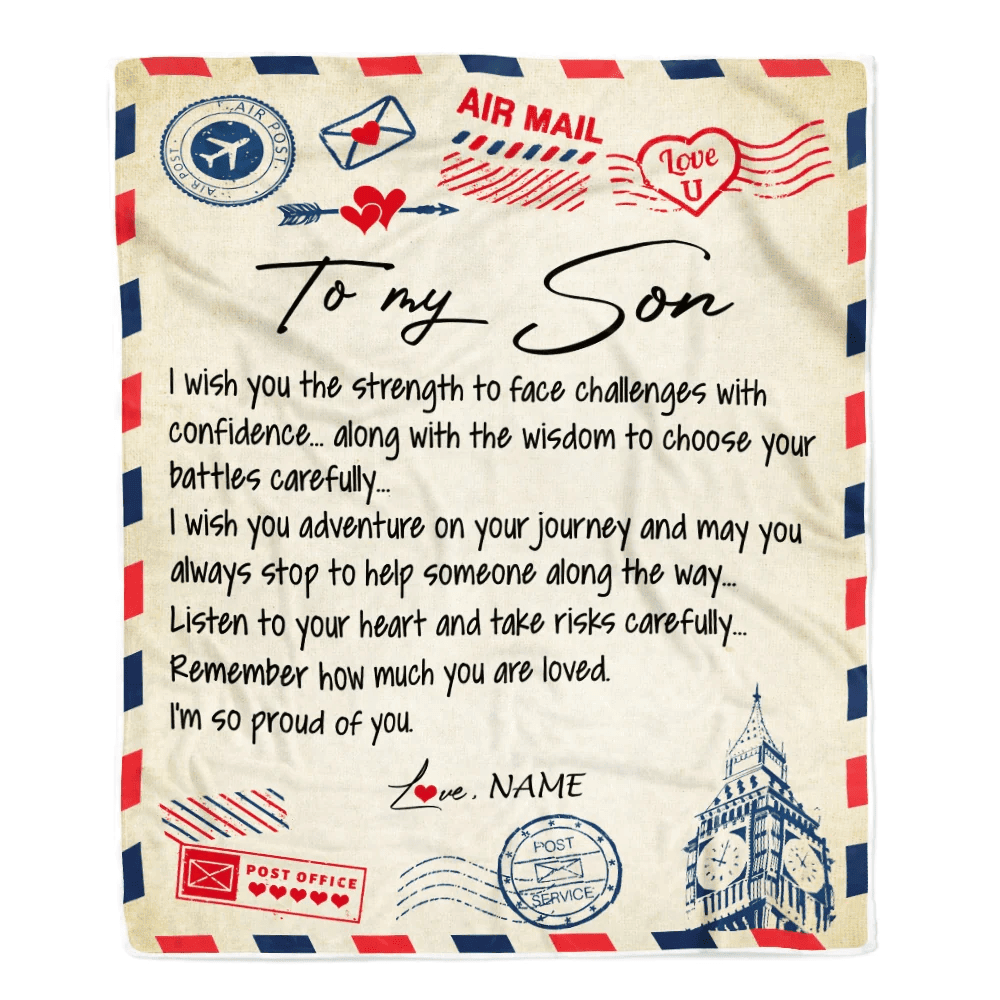 Personalized Letter Blanket To My Son From Mom Dad I'm So Proud Of You Son Birthday Christmas Thanksgiving Graduation Customized Fleece Blanket